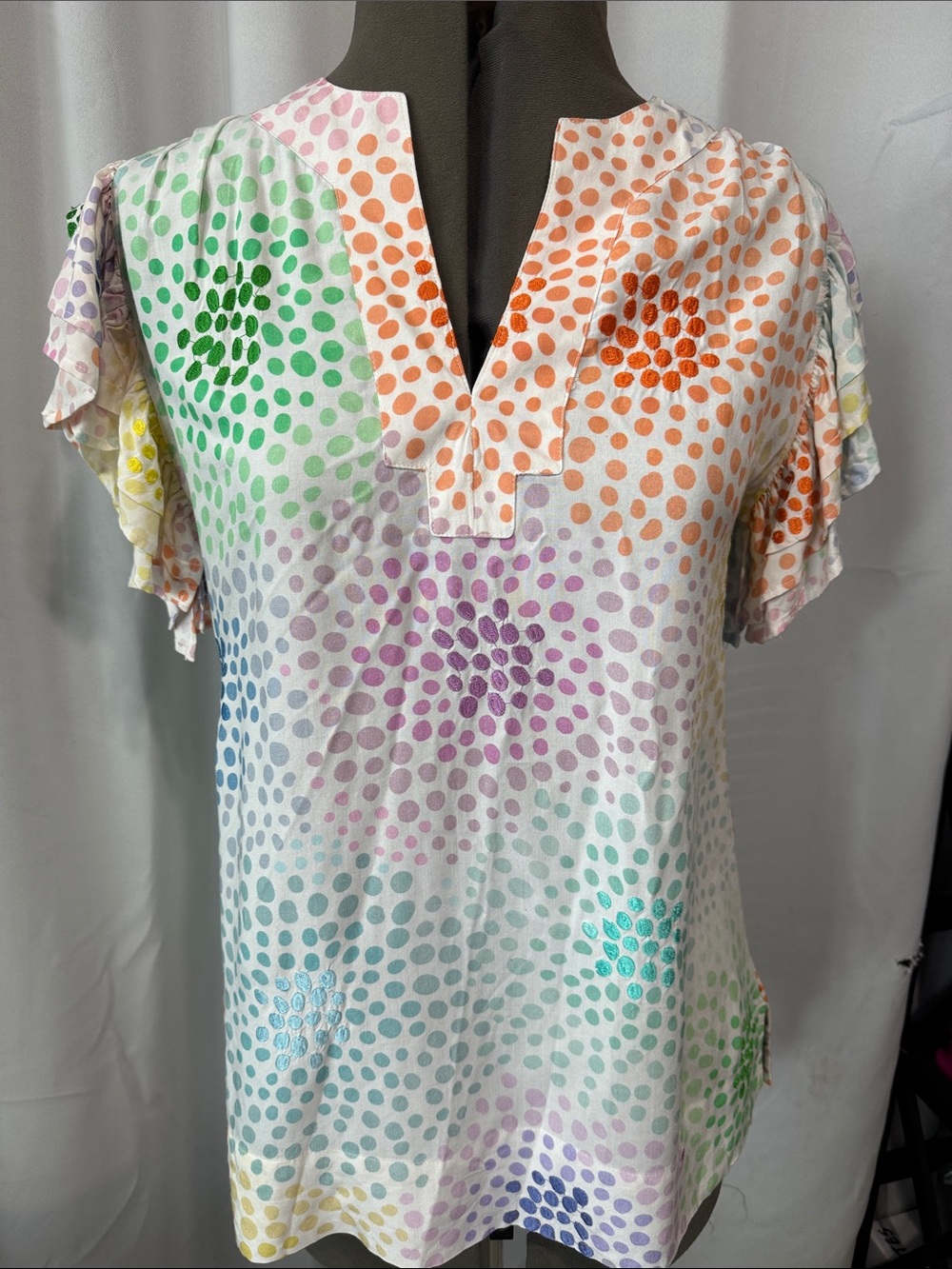 Multicolor Polka-Dot V-Neck Flutter Sleeve Blouse - White